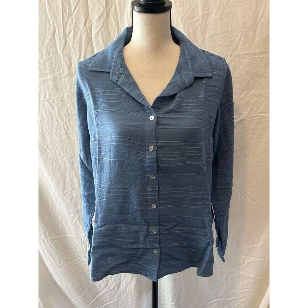 Side Stitch Soft-Textured Slub Stripe Button-Down Top Navy Blue Size Small